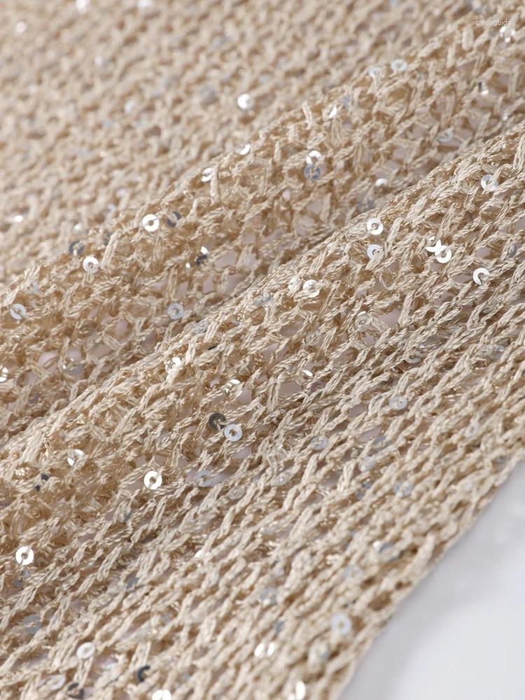 Women's Sweaters Fashion Sequin Knitted Hollow Out Sweater Women Elegant O-neck Loose Long Sleeve Knitting Top 2025 Spring Female Chic