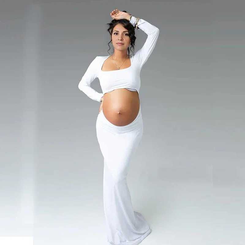 Solid Color Cut Out Backless Crop Bodycon Mermaid U-Neck Long Sleeve Photoshoot Maternity Maxi Dress X250224