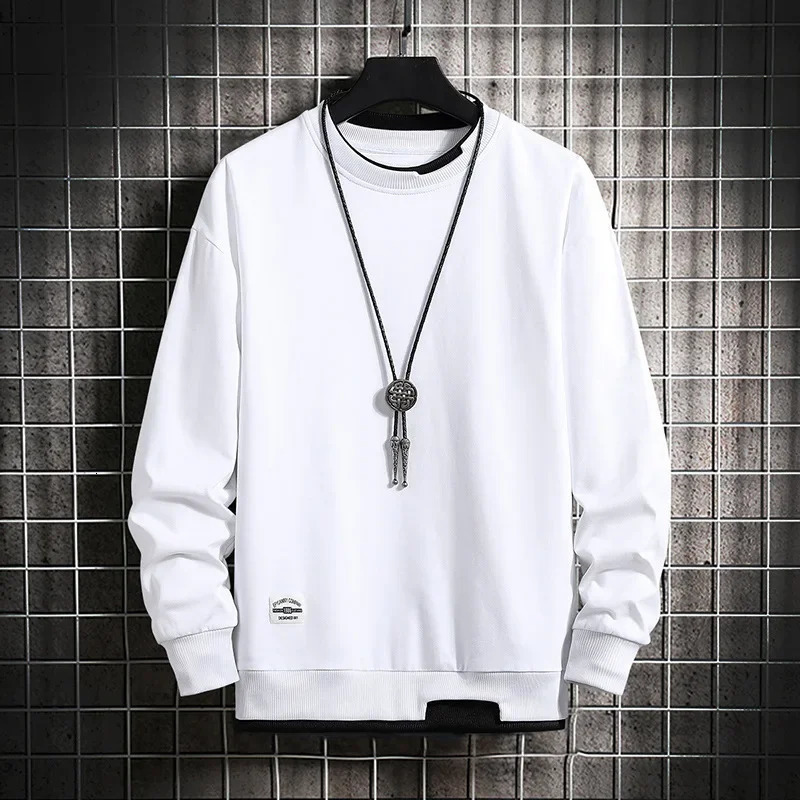 spring Mens Casual Sweatshirts Fashion Fake Two Pieces O Neck Hoodies Men Harajuku Streetwear Tops Autumn Male Sweatshirt 250224