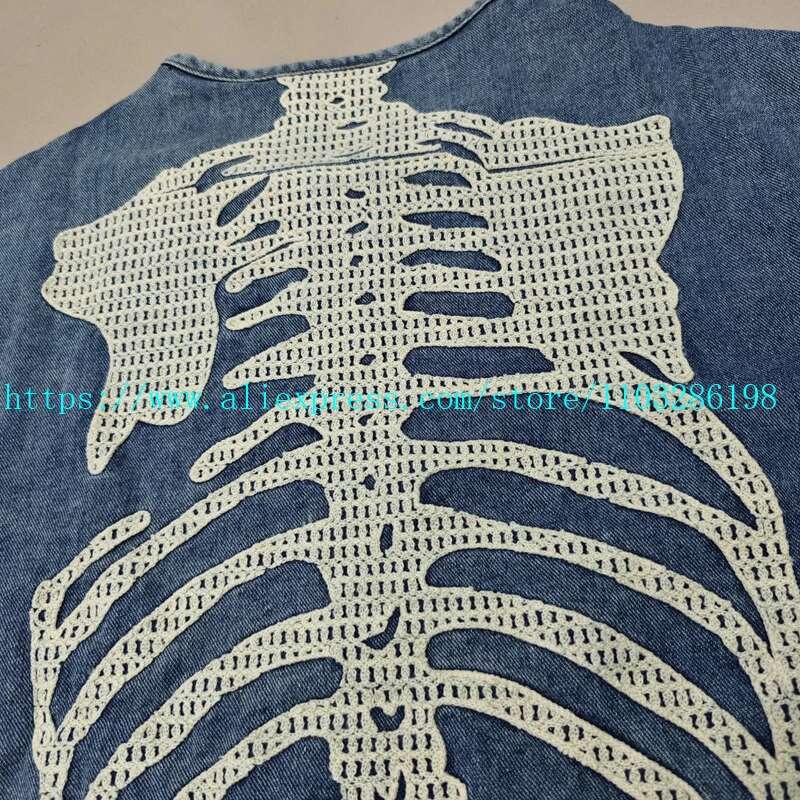 24SS KAPITAL Denim Zipper Jacket Skulls Skeleton Bone Embroidered Loose Coat Long Sleeve Design for Men Women