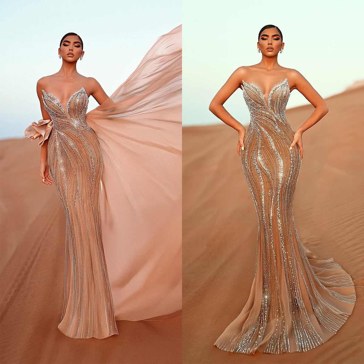 Sparkly Wedding Dresses Sequins Shiny Mermaid Bridal Gowns Detachable Train Strapless Beading Customized Princess Sweep Train Bride Dress Vestidos De 