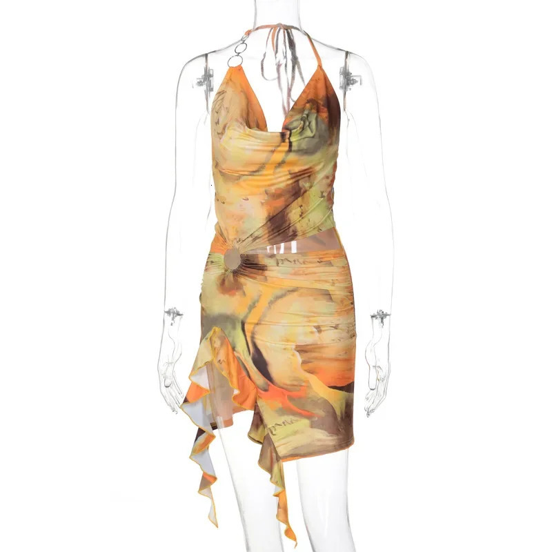 Bandage Halter Sexy Y2K Print Cut Out Party Club Mini Ruffles Dress Women Summer Tie Dye Backless Split Evening Dresses Outfits 250225