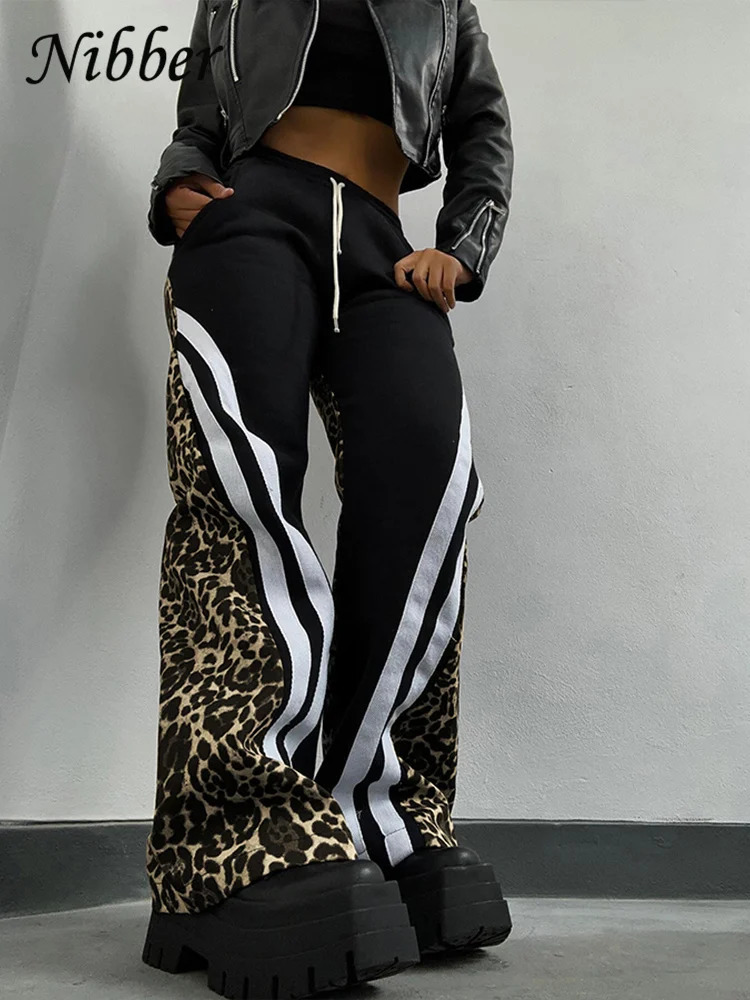 Nibber Side Stripe Women Flare Pants Autumn Hipster Leopard Patchwork Pocket Casual Wild Basic Street Sports Sweatpants Trousers 250225