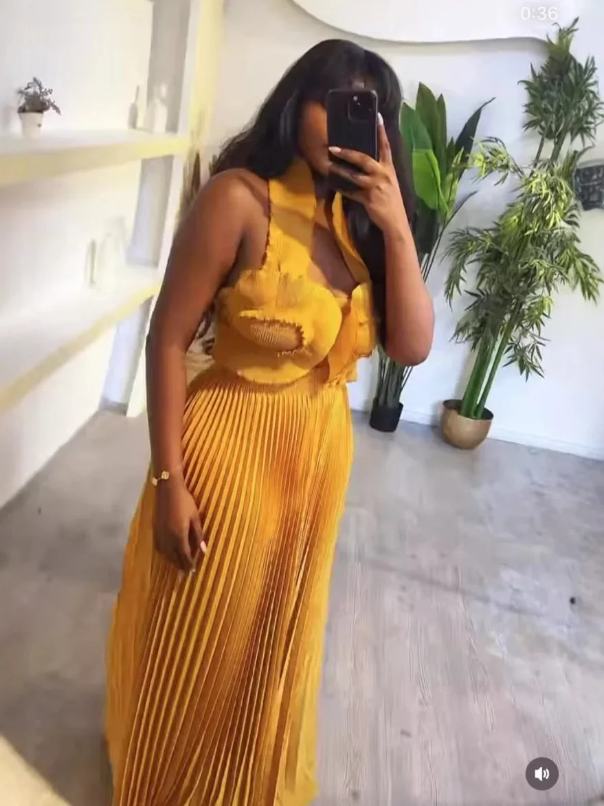 CM.YAYA Streetwear Womens Set Sleeveless Halter Crop Pleated TopWide Leg Pants Elegant Fall Party Two 2-Piece Set Outfits 250225