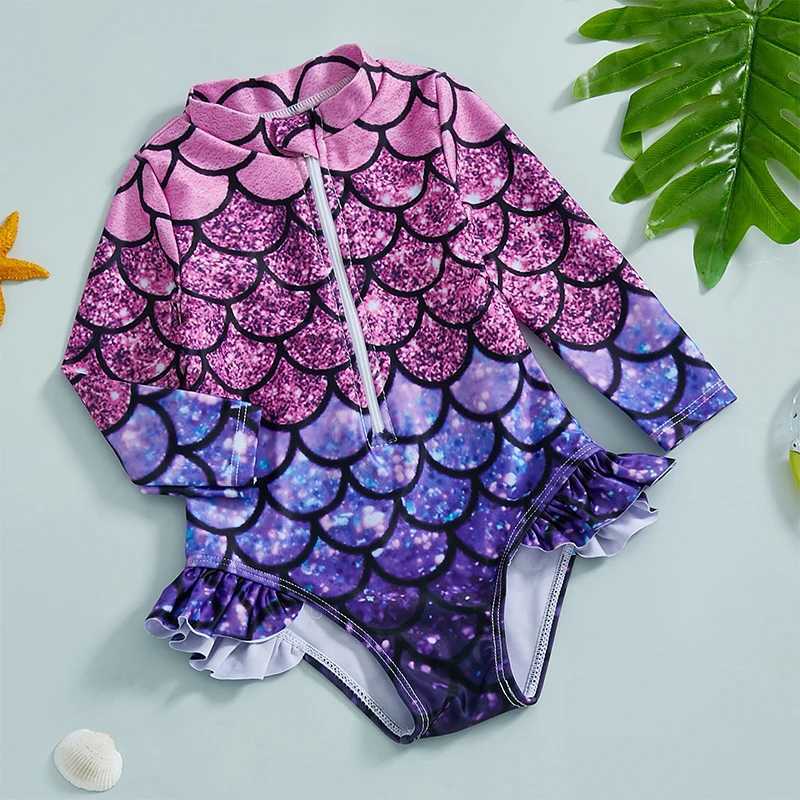 Mermaid print swimsuit zipper closure pleated plain neck suitable for young children and girls - UV protection Rush protection bath X250224