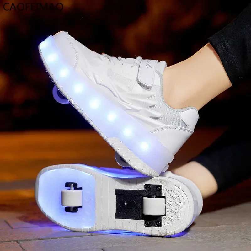 Children Two Wheels Luminous Glowing Sneakers Black Pink Led Light Roller Skate Shoes Kids Led Shoes Boys Girls USB Charging W250225
