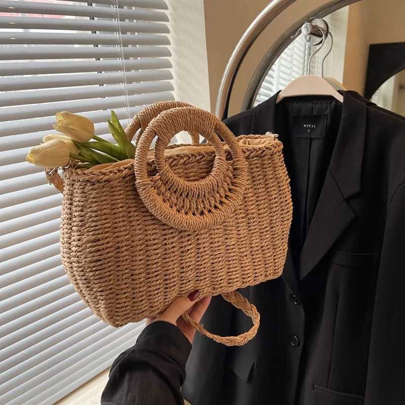 Ladies Round Handle Straw Tote Bags for Women 2024 Summer Hit Trendy Fashion Shoulder Side Bag Lady Beach Handbags