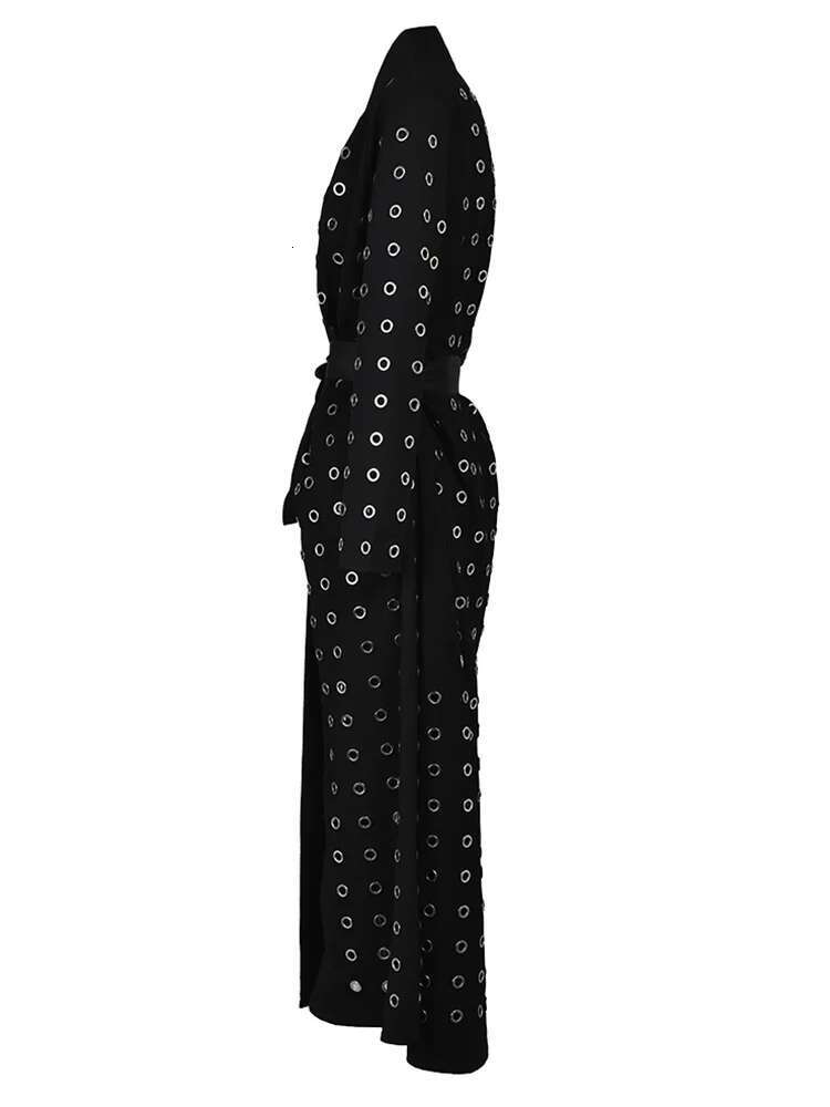 Black Hollow Out Belted Trench Women New V-Neck Long Sleeve Windbreaker Fashion Tide Spring Autumn