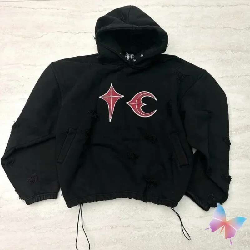 Winter High Quality Splicing Leather Star Moon THUG CLUB Hoodies Oversized Washed Retro Distressed Hole TC Hoodys Men Women