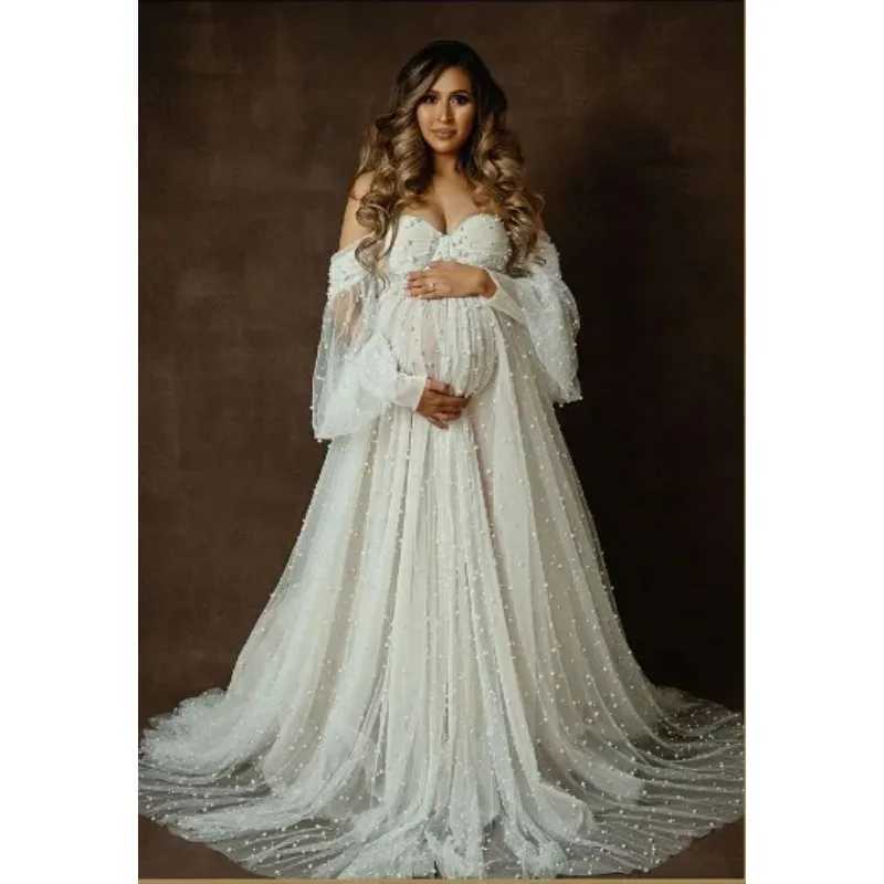 Maternity Photography Props Dress Dense Pearl White Yarn Maternity Photography Clothing Babyshower Gown Photo Shoot Pregnant X250224