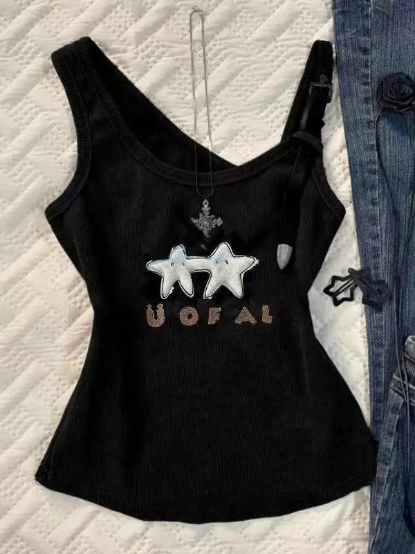 Spice Slim Sling Summer American Retro High Street Embroidered Women Vest Korean Fashion Cartoon Sleeveless Tops 250224