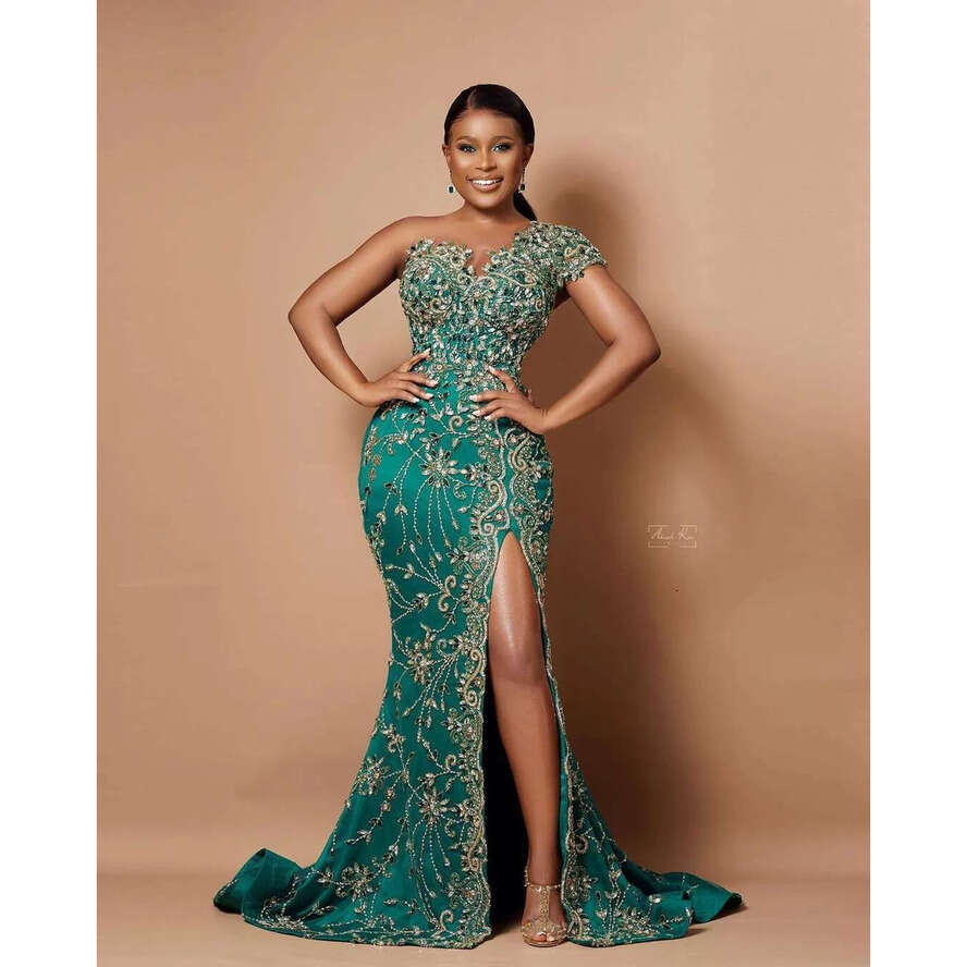 Arabic Plus Size Aso Ebi Hunter Green Mermaid Prom Dresses Lace Beaded High Split Evening Formal Party Second Reception Gowns Dress ZJ