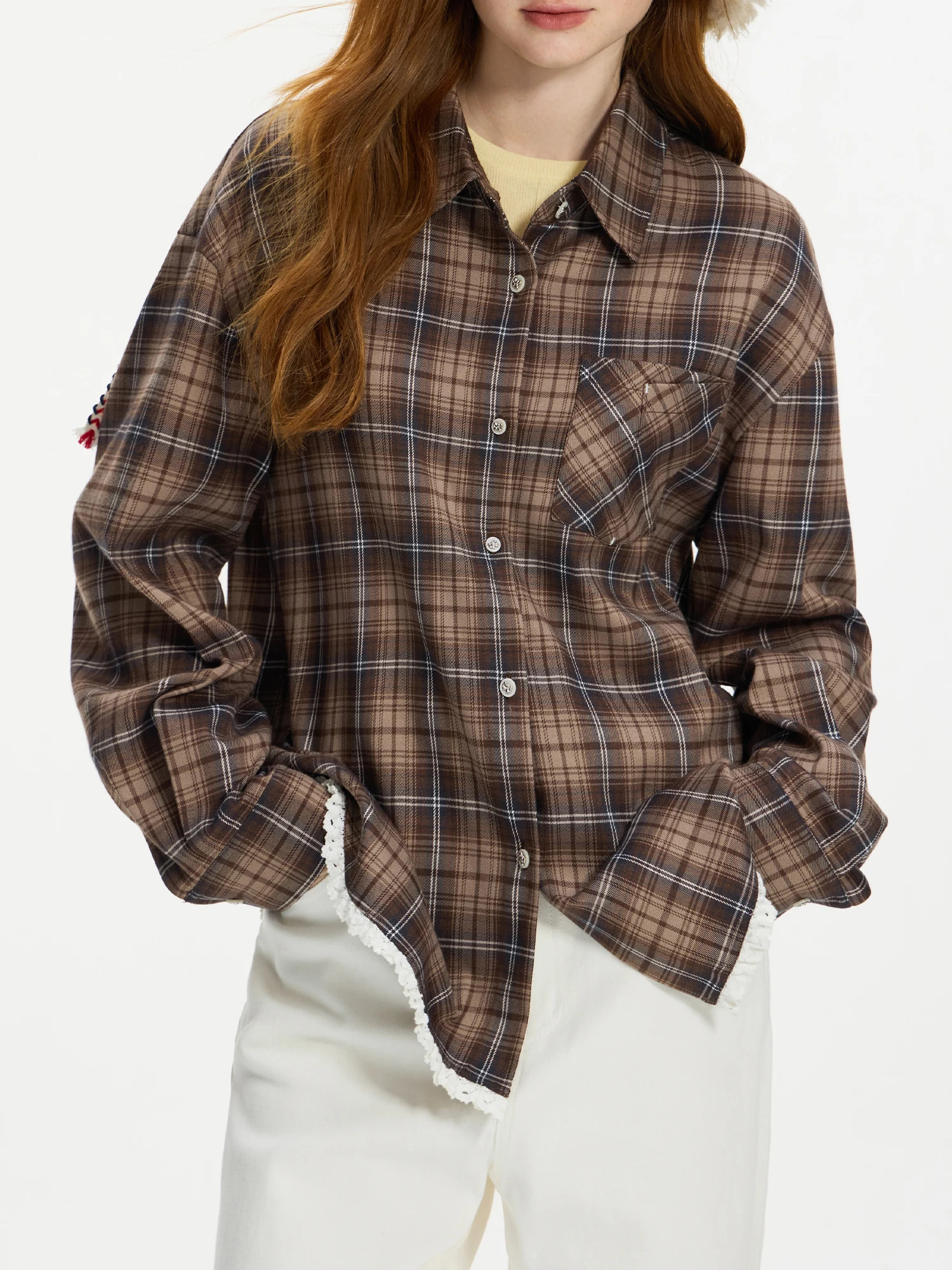 FSLE Women Plaid Blouse Polo Neck Drop Sleeve Female Retro Brown Plaid Shirt Hem Lace Patchwork n Long Sleeve Top 24FS14543 250224