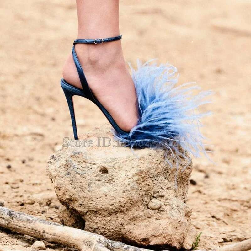 Women's Chic Feather Blue Leather Sandals 2025 New in Sexy Open Toe Fur Denim Brand High Heels Designer Party Shoes 250311