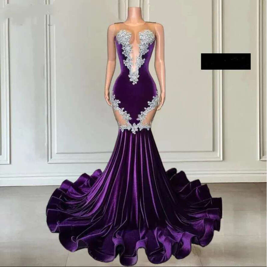 Sexy Lace Purple Mermaid Black Girls Prom Dress Veet Appliques Beads Sheer Mesh Party Gowns Vestidos De Fiesta Elegantes Para Mujer 0219 0510