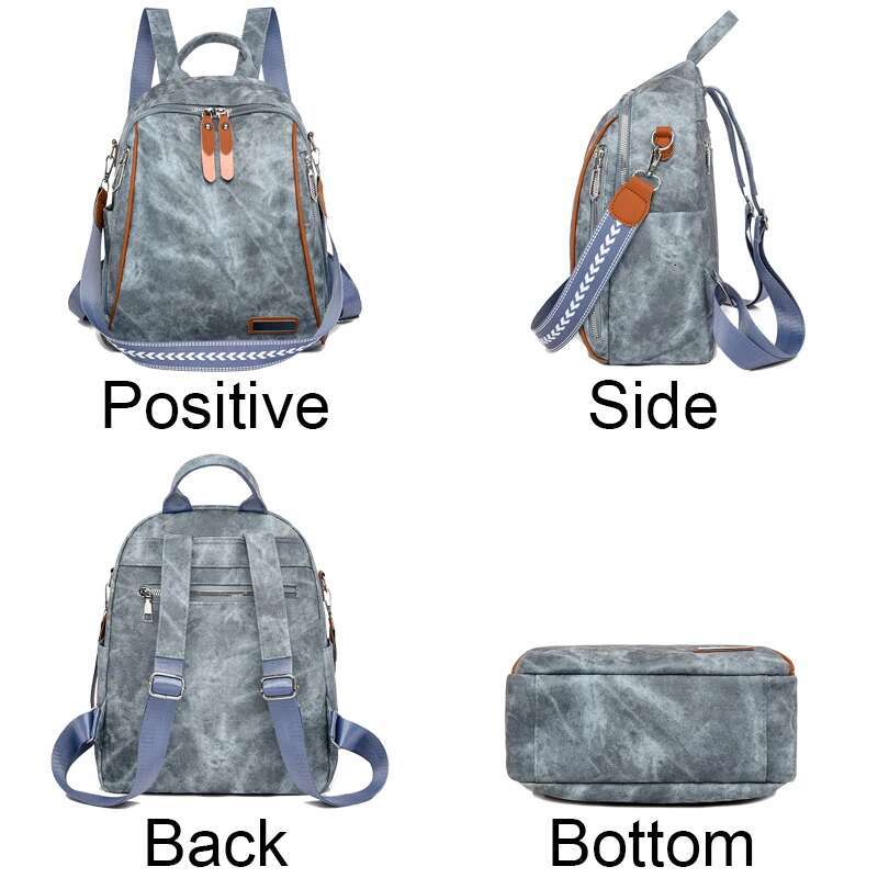 Retro Soft Leather Ladies Vintage Rivet Design Large Capacity Student Multi-Pocket Solid Color Casual Backpack