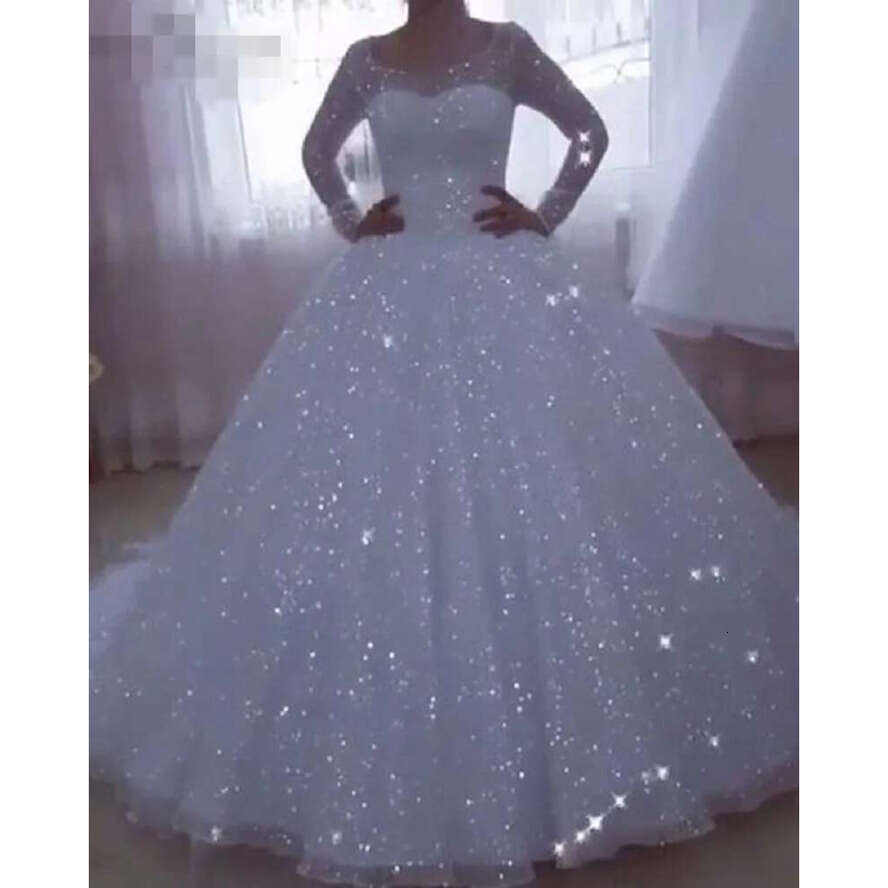 Sparkly Ball Gown Dresses Vestido De Noiva Long Sleeve Plus Size Princess Wedding Gowns Glitter White Sequins Bridal Dress For Women Robe Mariee