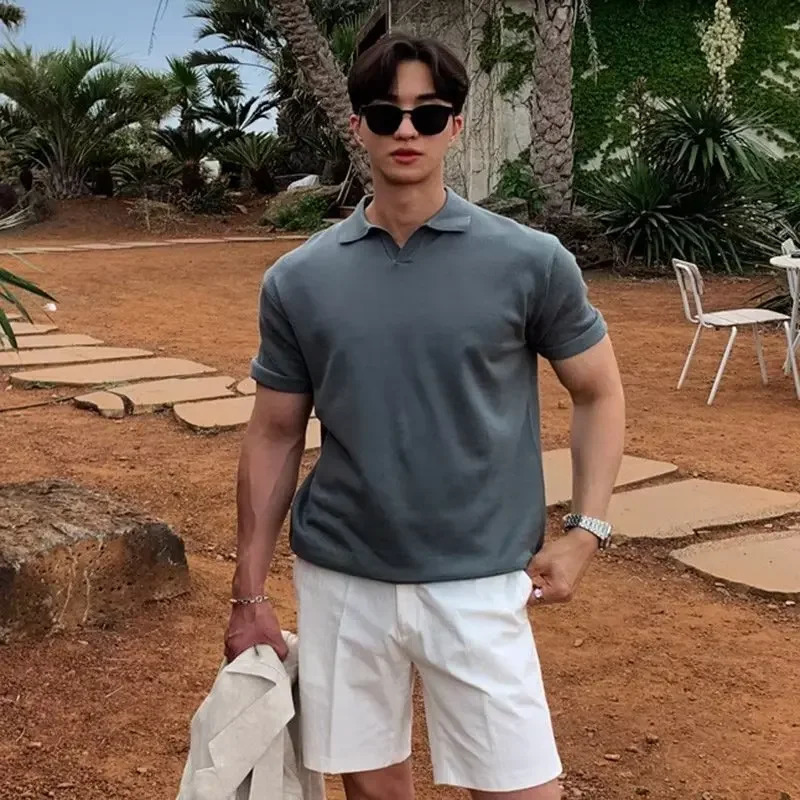 Vintage Japanese Style Simple Knit Polo Shirt For Men Trendy Ins Casual Lapel Loose Fit Short Sleeve T-shirt 250224