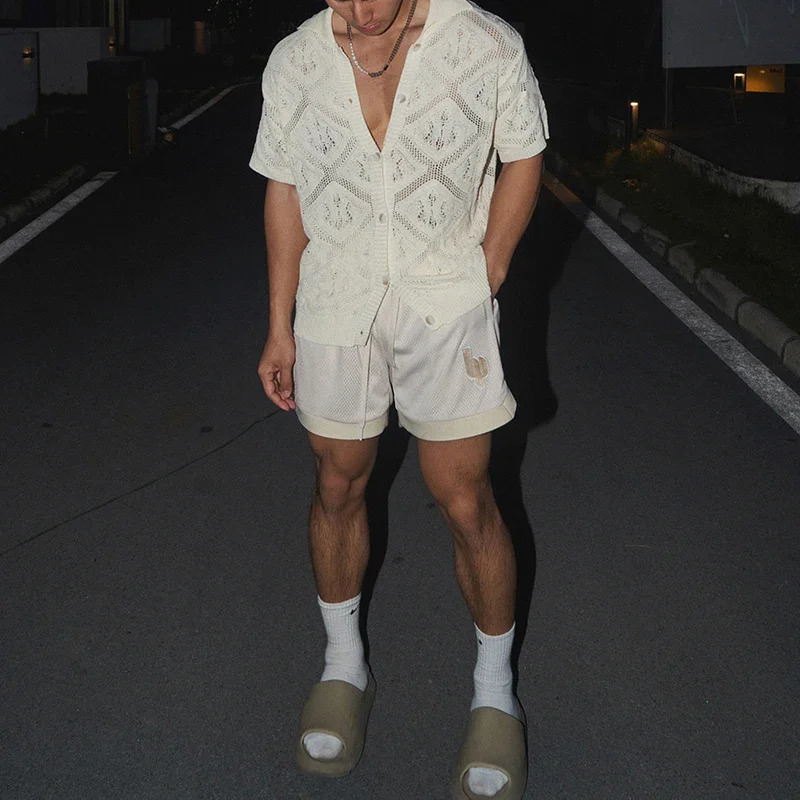 Sexy Mens Hollow Out Knit Shirt Vintage See Through Breathable Knitting Shirts Men Summer Stylish Solid Color Short Sleeve Tops 250222