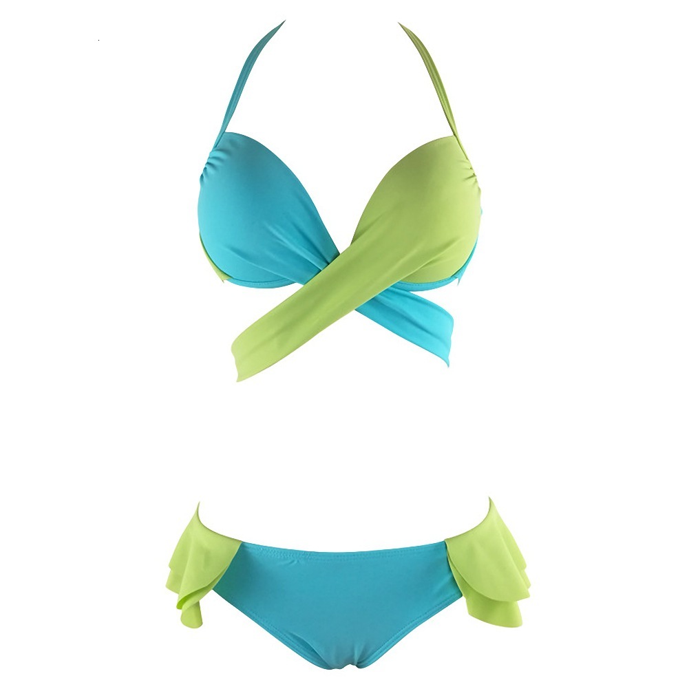 fashion designer swimwear with multiple ropes, color blocking straps, bikini, hot spring, big chest, gathered swimsuit, bikini swimsuit