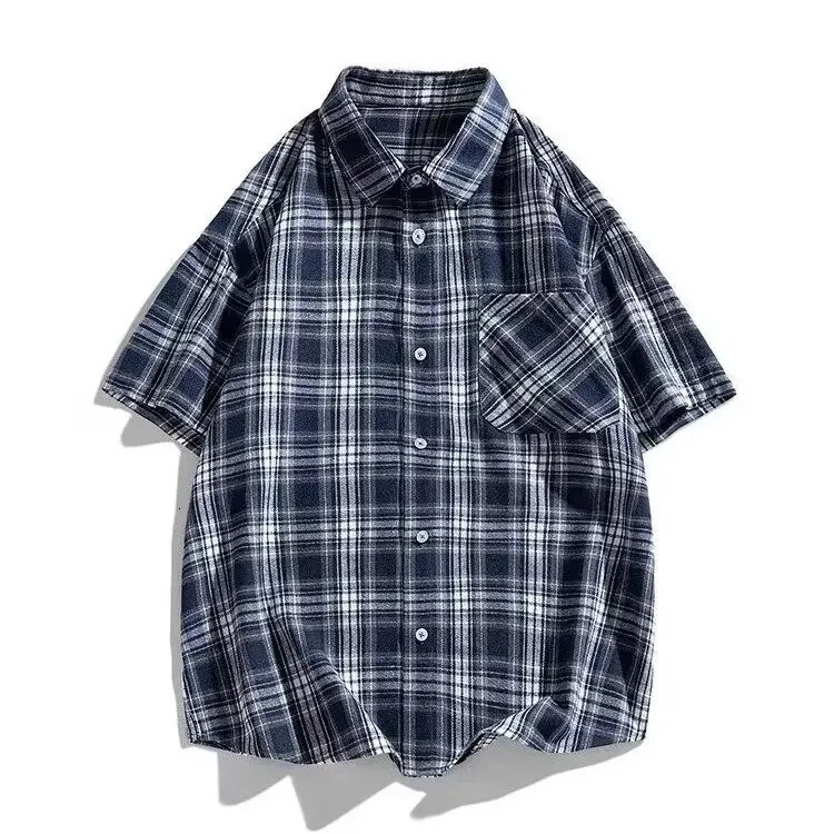 Hong Kong Style Loose-Fit Plaid Short Sleeve Mens Shirt Versatile Half Sleeve Clothes Korean Trendy Jacket For Summer 250220