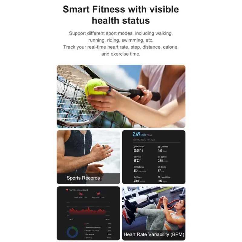 Smart Ring R09 Blood Pressure Heart Rate Skin Temperature 5ATM Waterproof Health Monitor Camera Control Sport Modes Rings Finger W250225