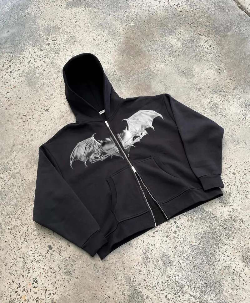 Retro black men zipper hoodie 2025 new printed design jacket Hip Hop Haruku street style couple casual oversized sweatshirt