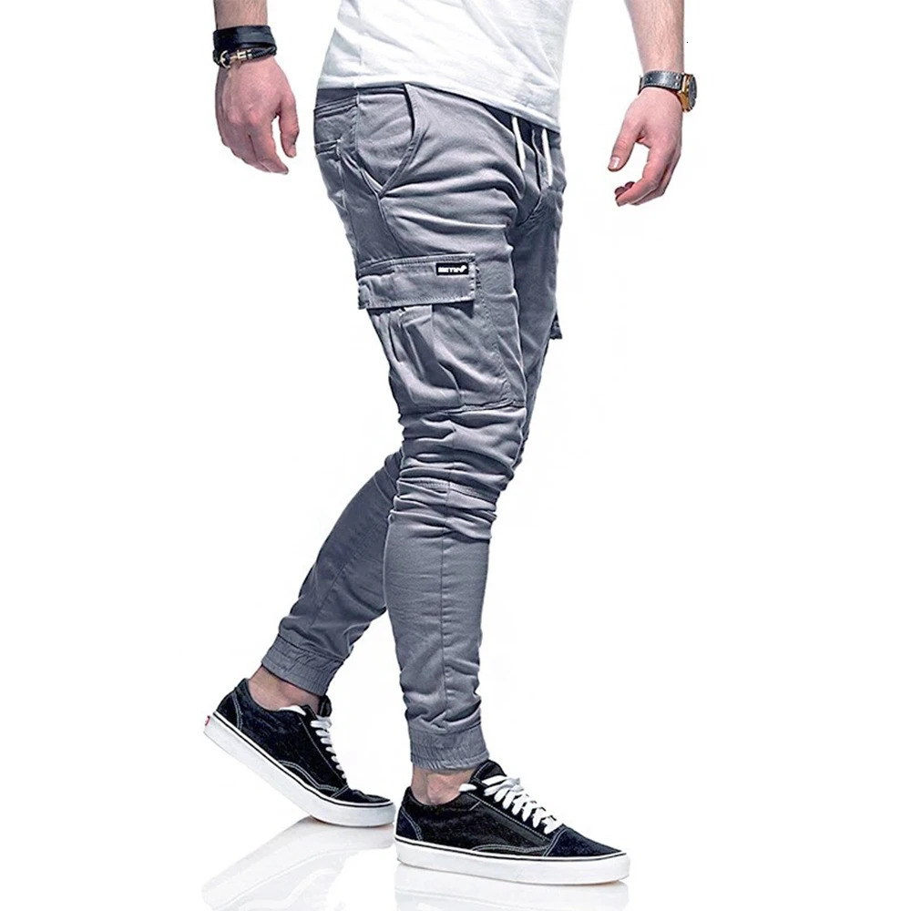 Mens Cotton Hip Hop Cargo Pants Grey Joggers Streetwear Casual Sport Trousers Training Workout Fitness Pockets Pant 250225