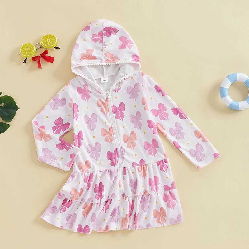 Girl floral print ruffled sleeve swimsuit cover with hooded zipper front summer beach and pool parties X250224