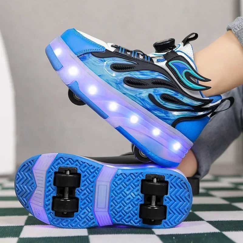 Roller Sneakers Kid Sport Gym Footwear Roller Skates 4 Wheels USB Charge Illuminated Shoes Boys Girls Casual Skateboard Shoes W250225