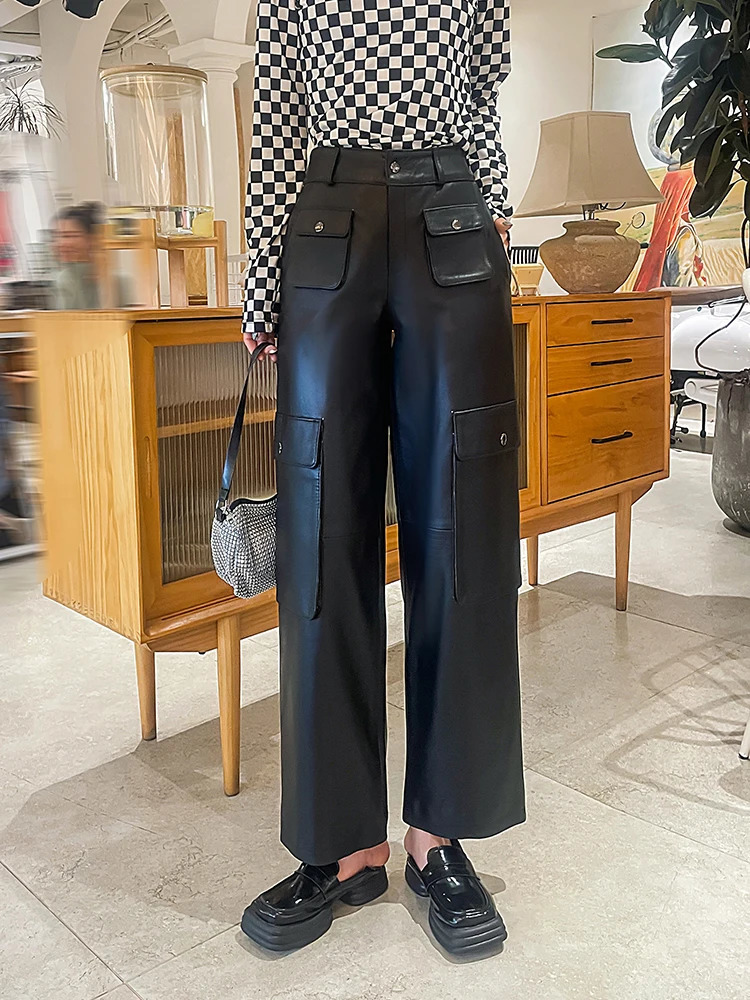 American Safari style genuine leather pants for women high street loose wide leg pants Autumn sheepskin trousers Y4446 250224