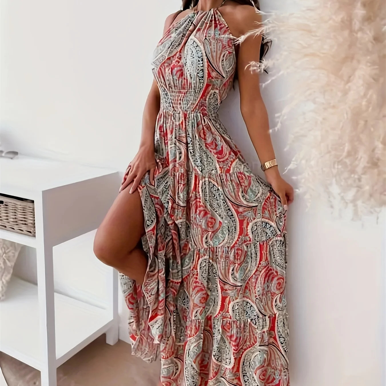 Contrast Color Female Dresses Elegant Loose Summer Beach Women Long Dress High Waist Sleeveless Fashion Midi Length 250225