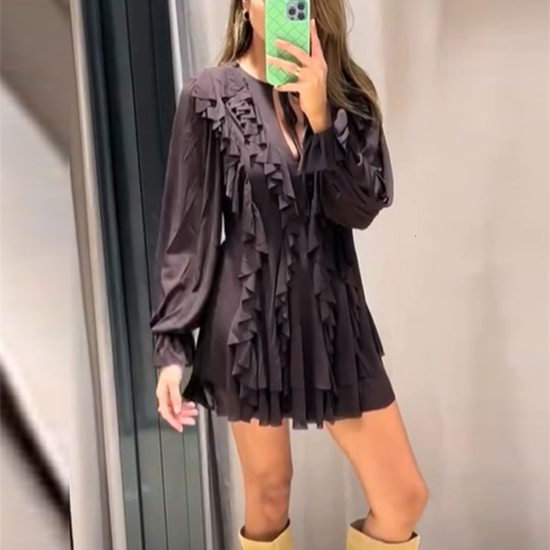 Retro Solid Ruffle Pleated Womens Midi Dress Chic Long Sleeved Vneck Vestidos Ladies Spring High Street Gown 250222