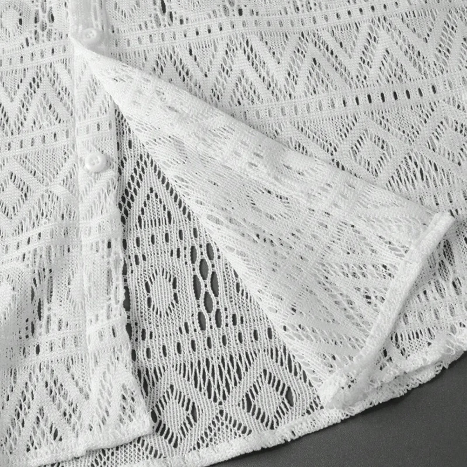 Crochet Party Beachwear For Man Summer See Through Shirts Mesh Lapel Night Club Clothing Short Sleeve Casual Festival Outfit 250222