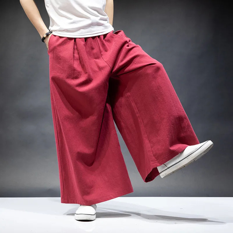Japan style mens cotton linen wide leg pantsplus size ML-7XL Vintage casual Elastic Waist Pockets Joggers Retro Loose Trousers 250225