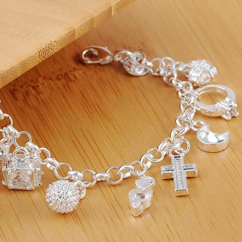 925 Sterling Silver Fashion 13pcs Pendant Chain Charm Bracelet for Women for Teen Girls La Gift Women Fine JewelryXJ250225