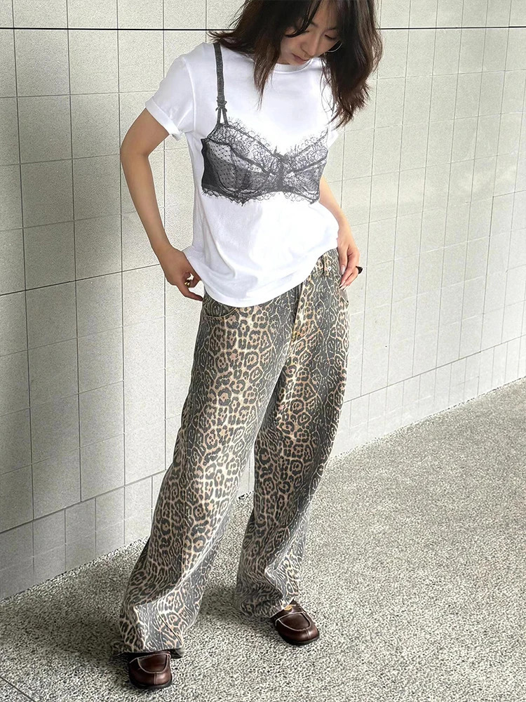 Vintage Leopard Print Jeans Women Baggy High Waist Y2k Streetwear Hip Hop Wide Leg Pants Harajuku Casual Denim Trousers 250225