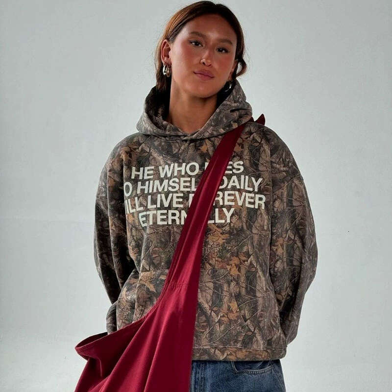 Trendy American Street Letter 3D Printed Leaf Camouflage Hoodie Men's and Women's Casual Top