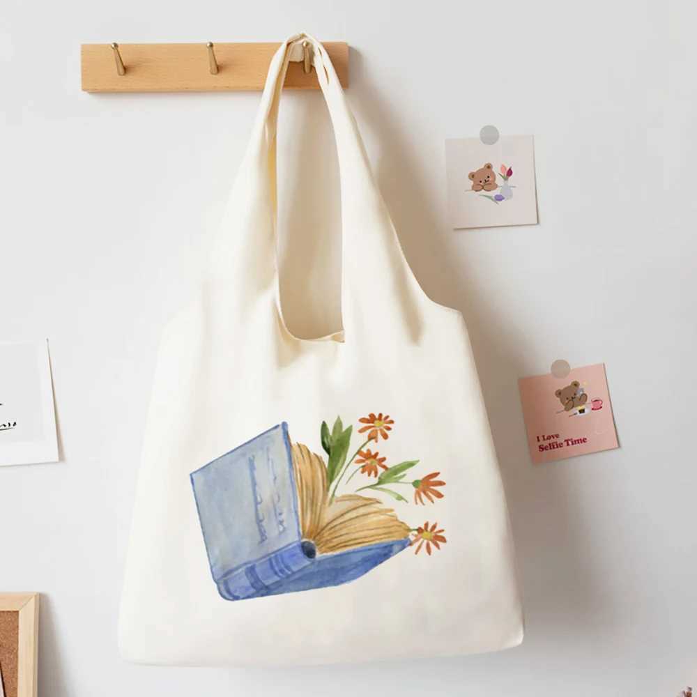 Floral Books Watercolor Tote Bag Literature Book Flower Shoulder Bags Illustration Girl Book Bag Travel Harajuku Canvas Handbag Z250224