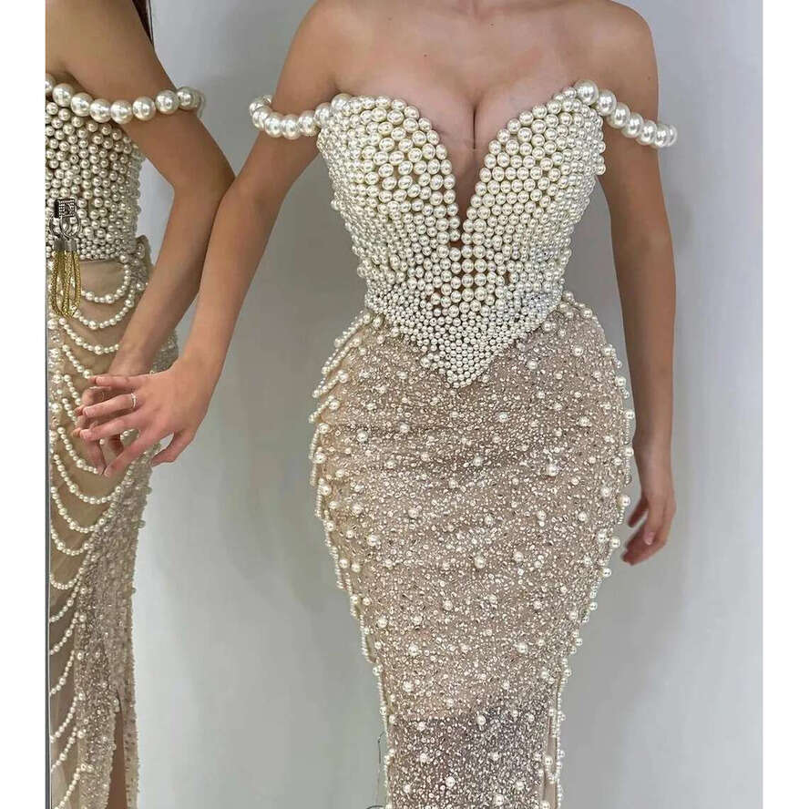 Short Sequins Prom Dress 2024 Off Shoulder Pearls Beads Sheath Women Evening Formal Birthday Party Gowns Robe De Soiree Abiti Da Sera Grand