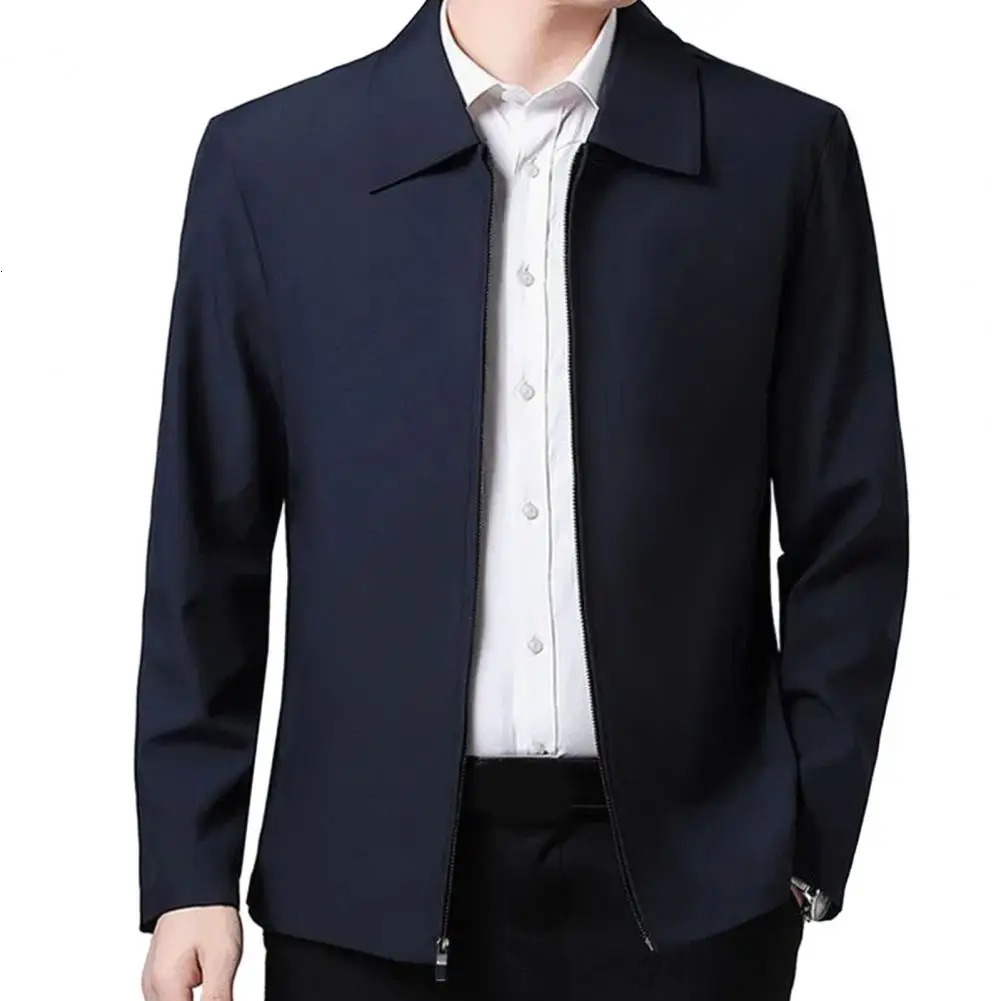 Men Jacket Elegant Mid-aged Mens Lapel Jacket with Zipper Closure Pockets for Formal Business or Casual Wear in Spring Fall 250224