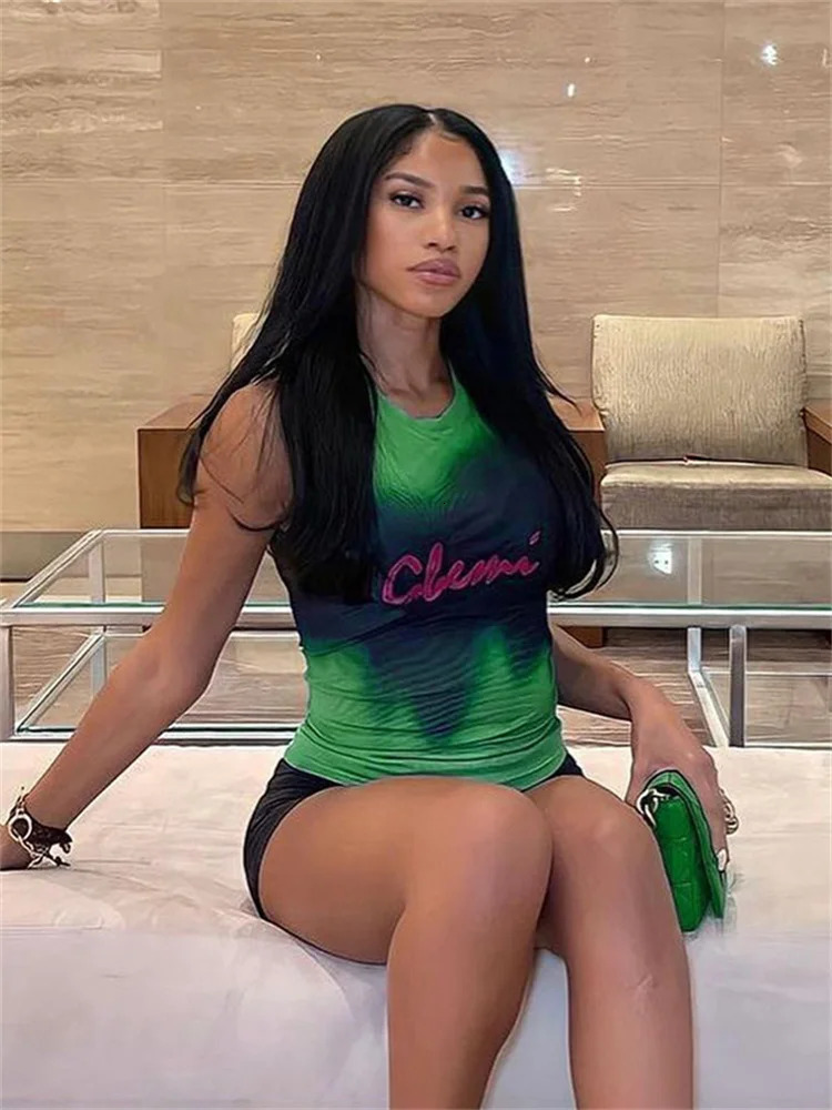 Simenual Fairy Grunge Tie Dye Printed Sleeveless Tank Top Sexy Mesh See Through Crop Tops Women Club Vest Y2K Slim Clothing 250224