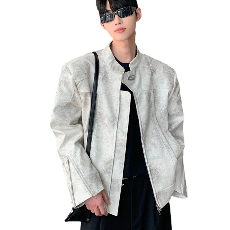 NicheHigh-End FeelStand Collar Motorcycle Leather Jacket 2024 Loose-Fit Cropped Shoulder Clip Jacket For Men 250122