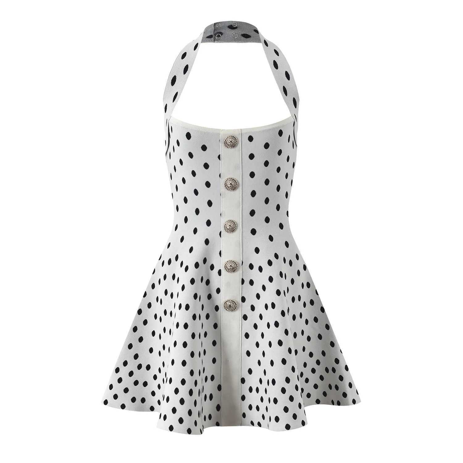 ZJYT Summer Knitting Polka Dot Mini Dress Women He Halter Neck Sexy Backless Short Party Dresses Holiday Fe DressesXJ250224