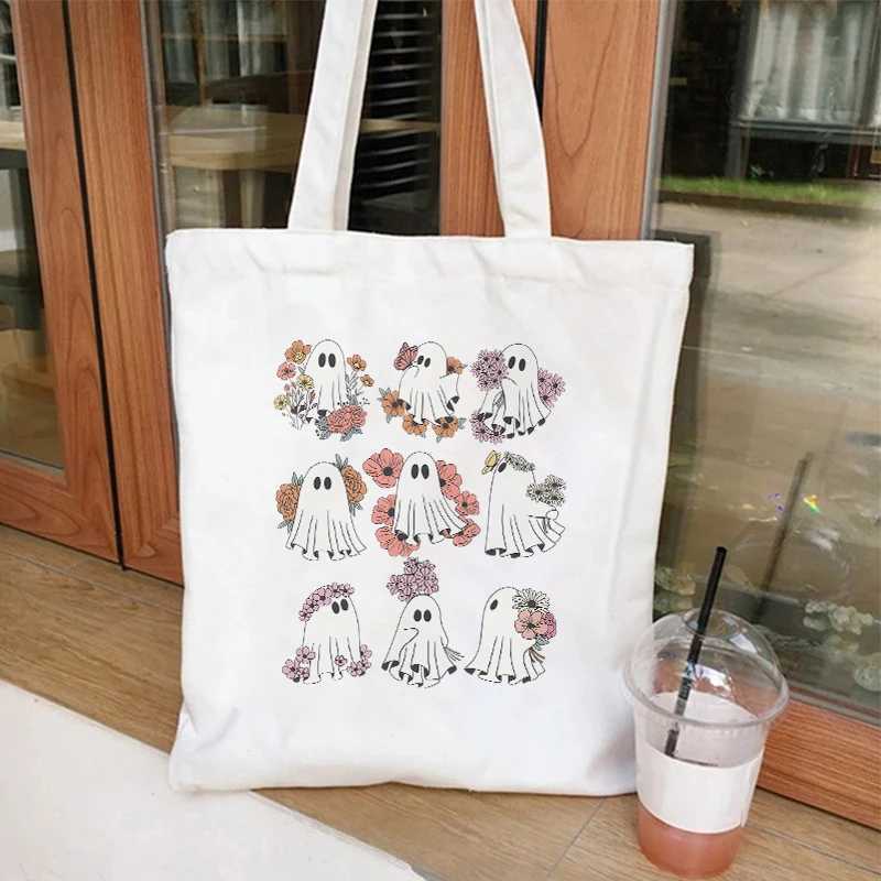 Spooky Season Boo Graphic Handbag Women Casual Canvas Portable Shoulder Bag Cute Halloween Party Shopping Reusable Tote Bag Z250224