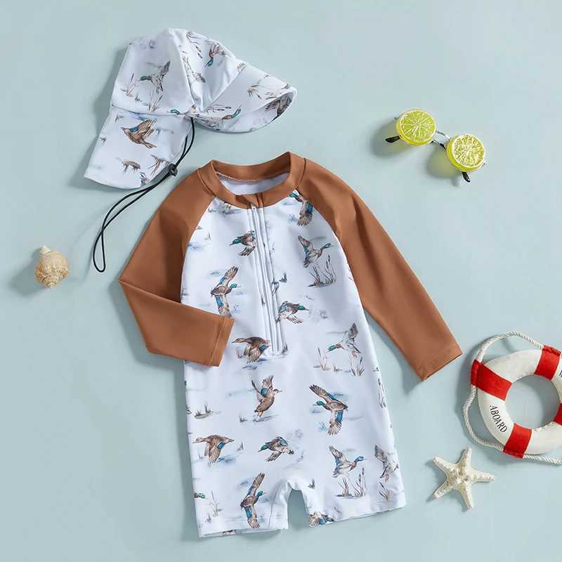 Baby Girls Rash Guard Swimsuit with Hat 2 Pcs Set Floral Print Zip Up Long Sleeve Crew Neck Toddler Girls Swimwears X250224