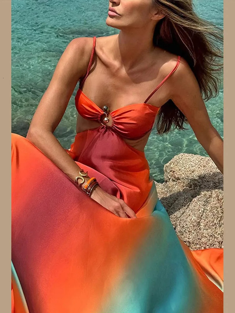 Bohemia Gradient Printed Sling Beach Maxi Dress Women Spaghetti Strap Sleeveless Backless Long Dress Female Hollow Out Chic Robe 250222