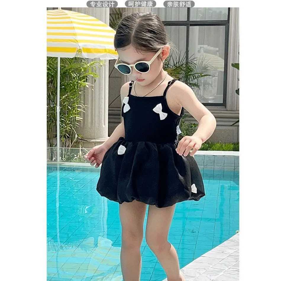 Girls Short Sleeve One Piece Swimsuit Swimming Cap Set Three Bow Suspenders X250224