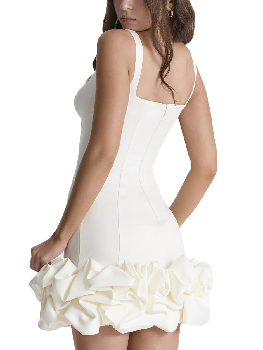 Women Spaghetti Strap Bodycon Mini Dress Solid Color Pleated Ruffle Hem Sleeveless Party Cocktail Dress 250225