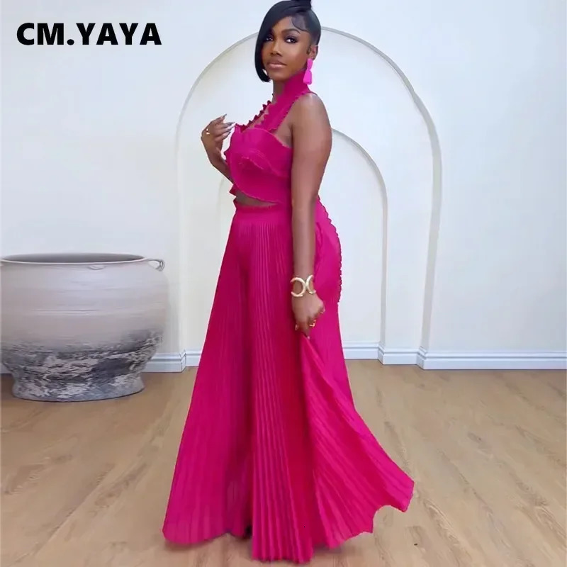CM.YAYA Streetwear Womens Set Sleeveless Halter Crop Pleated TopWide Leg Pants Elegant Fall Party Two 2-Piece Set Outfits 250225